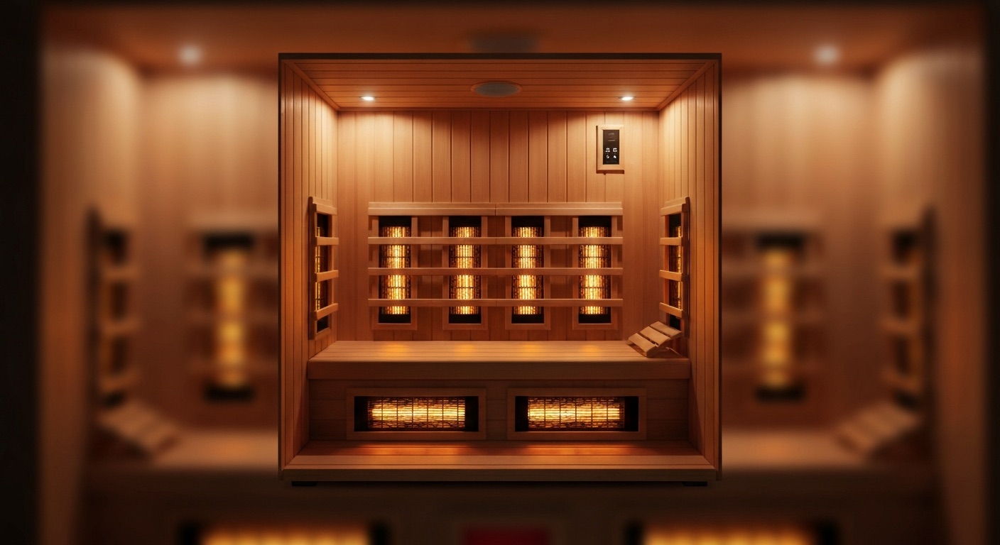 Infrared sauna interior with warm cedar wood and glowing heaters